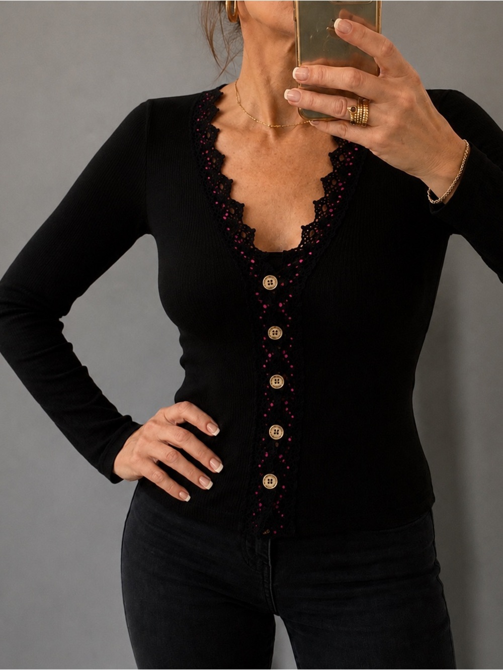VTG 90’s Anonymous Black Lace Trim V-Neck Button Down Cardigan Sweater Top
